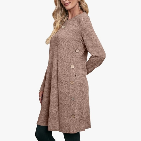 OFEEFAN Winter Dress for Women Long Sleeve Dress Buttons Side Khaki - Picture 2 of 9
